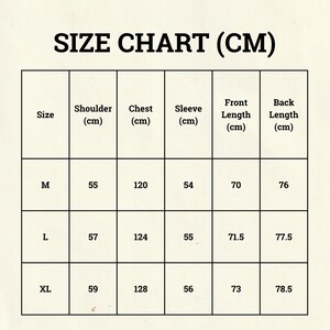 May include: A size chart in a grid format, with the text "SIZE CHART (CM)" at the top. The chart includes measurements for shoulder, chest, sleeve, front length, and back length in centimeters for sizes M, L, and XL.