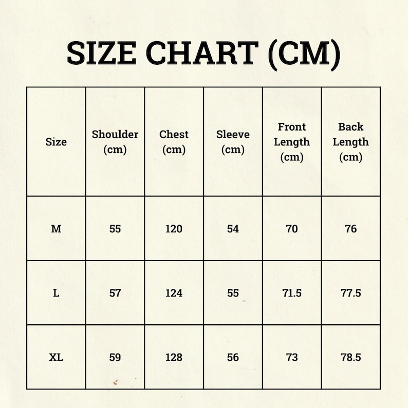 May include: A size chart in a grid format, with the text "SIZE CHART (CM)" at the top. The chart includes measurements for shoulder, chest, sleeve, front length, and back length in centimeters for sizes M, L, and XL.
