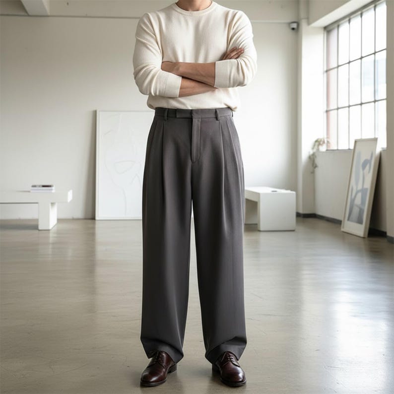 Peut inclure: Une personne portant une chemise cr&egrave;me &agrave; manches longues et un pantalon gris &agrave; plis. Le pantalon a une coupe large et est associ&eacute; &agrave; des chaussures habill&eacute;es en cuir marron. L'ensemble est dans un int&eacute;rieur lumineux et minimaliste.