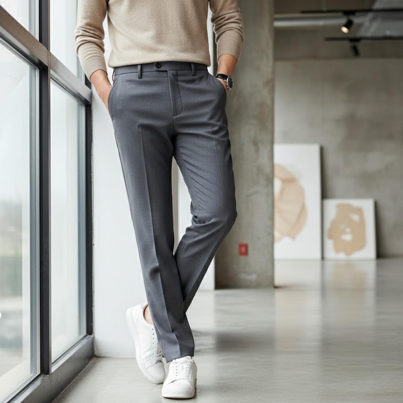 Men’s slim fit office trousers with clean tailored crease and tapered leg styled with loafers for modern business casual wear.