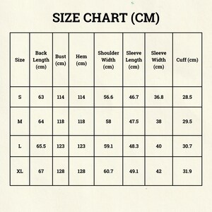 May include: A size chart in a grid format, with measurements in centimeters. The chart includes sizes S, M, L, and XL, detailing back length, bust, hem, shoulder width, sleeve length, sleeve width, and cuff measurements.