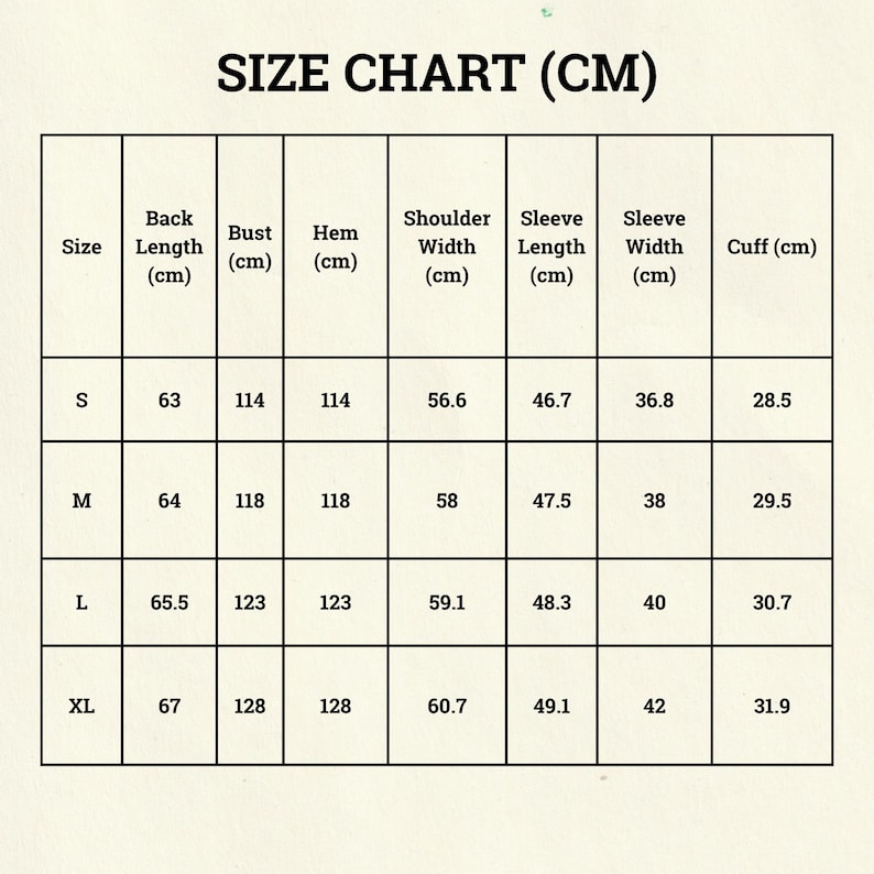May include: A size chart in a grid format, with measurements in centimeters. The chart includes sizes S, M, L, and XL, detailing back length, bust, hem, shoulder width, sleeve length, sleeve width, and cuff measurements.