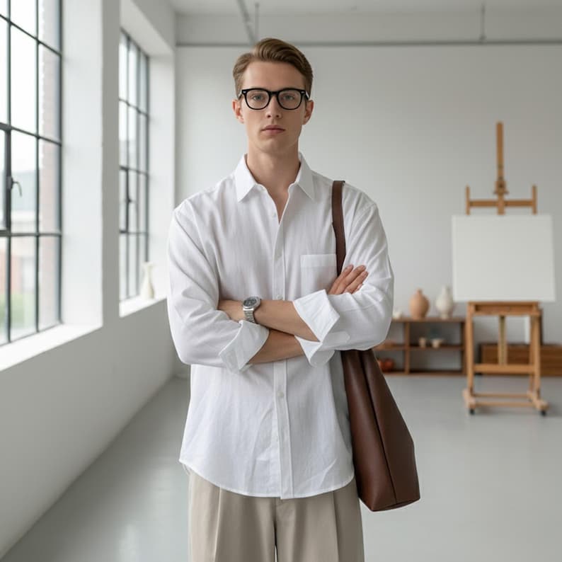 May include: A person wearing a white button-down shirt, beige pants, and black glasses, with a brown leather tote bag over their shoulder. They are standing in a well-lit room with an easel and large windows.