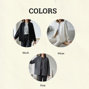 May include: The word "COLORS" is displayed above three images of jackets. The jackets are black, white, and gray. Each jacket has a zipper closure and two front pockets. The jackets are shown on a person.