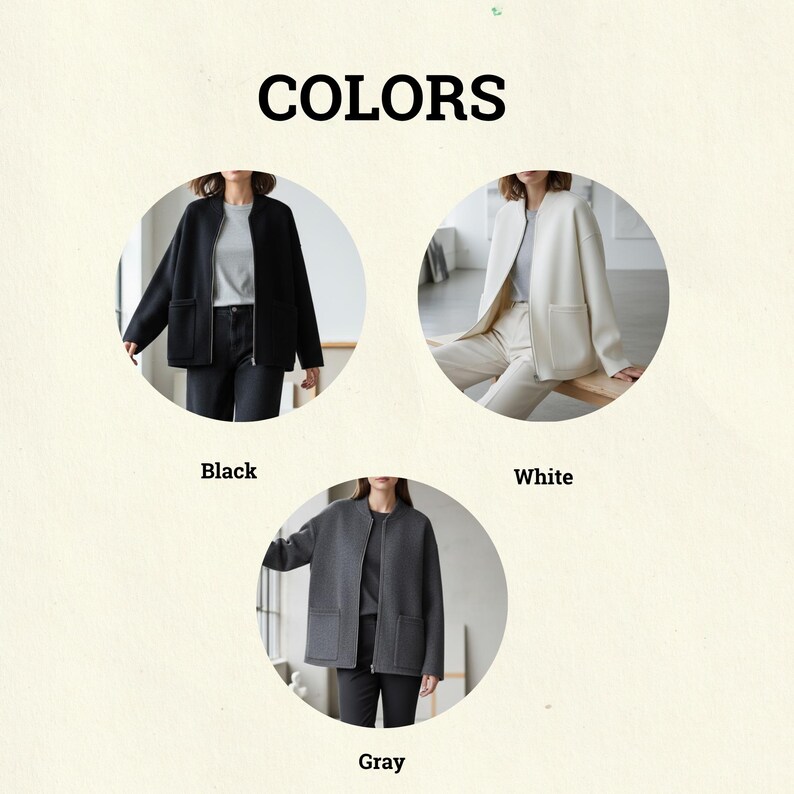 May include: The word "COLORS" is displayed above three images of jackets. The jackets are black, white, and gray. Each jacket has a zipper closure and two front pockets. The jackets are shown on a person.