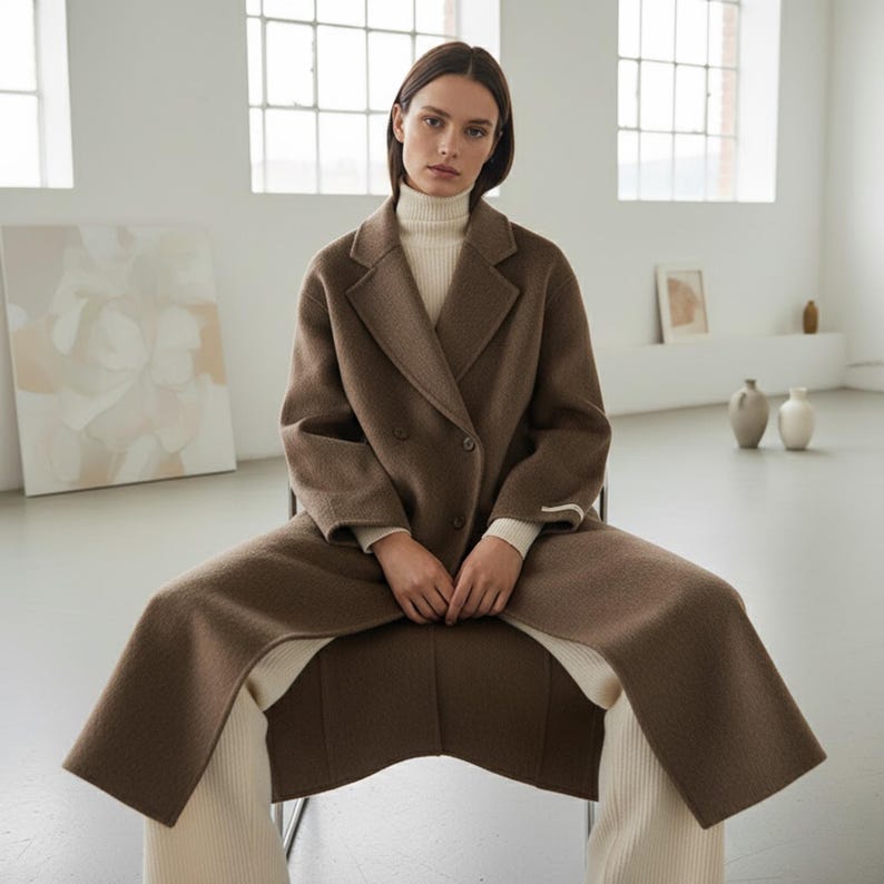 May include: A brown double-breasted coat with a wide lapel and a long, flowing design. The coat is worn over a cream-colored turtleneck and pants. The model is seated in a chair in a bright, minimalist room.