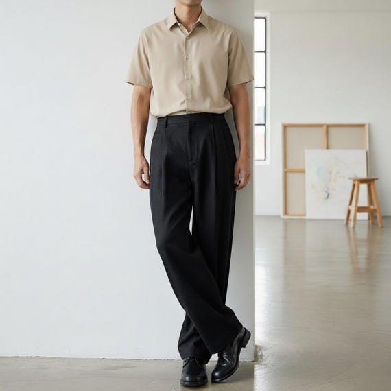 High Waisted Wide Leg Pants – Pleated Dress Slacks, Relaxed Fit Trousers, Minimalist Korean Style, Black Mocha