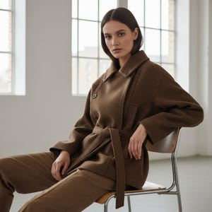 Puede incluir: Un abrigo de lana marrón con cinturón en la cintura y cuello ancho. El abrigo está abotonado y tiene un corte relajado. La modelo está sentada en una silla de madera, vistiendo pantalones marrones. El fondo es una habitación neutra y luminosa.