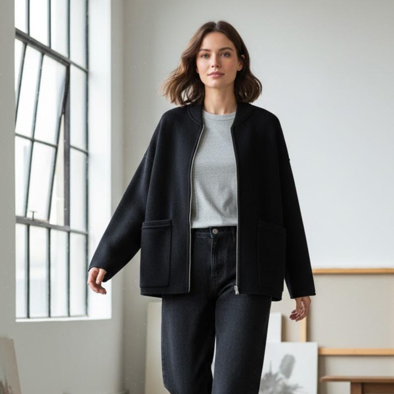 May include: A black jacket with a zipper closure and two front pockets. The jacket is worn over a gray t-shirt and paired with black jeans. The outfit is set against a backdrop of a large window and a neutral-toned wall.