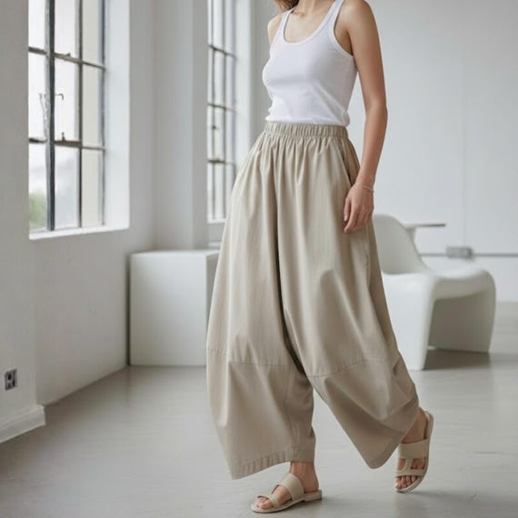 Women’s Wide Leg Cotton Pants – Balloon Trousers, High Waist Loose Fit Pants, Summer Lounge Pants, Beige or Black Minimalist Style