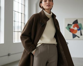 Cappotto in lana con cintura e fibbia a corno per donna – Giacca autunnale spessa e ampia, stile pendolare minimalista, capospalla in lana nero o marrone
