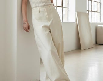 Pantalones anchos de cintura alta para mujer: pantalones minimalistas curvos, estilo japonés y coreano, holgados.