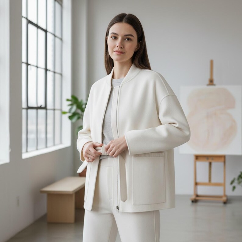 Wool zip jacket for women in white color, clean design with pockets and rib-knit collar.