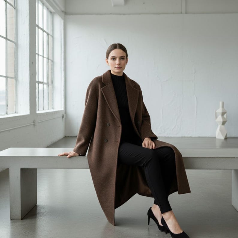 Woman wearing a long brown wool double-breasted coat with minimalist styling in a bright modern studio.