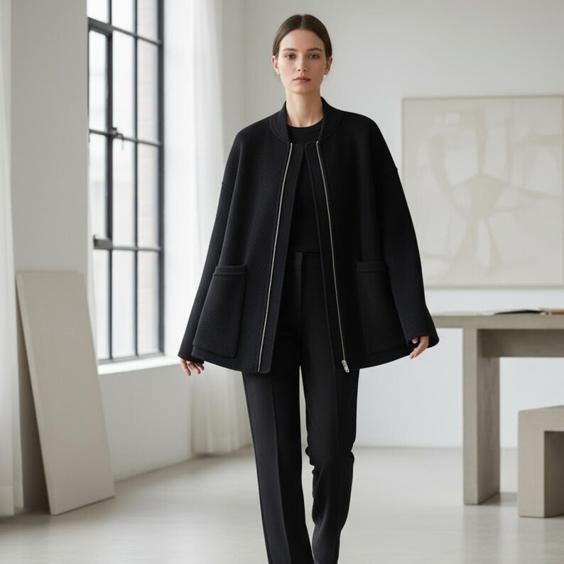 May include: A black jacket with a silver zipper and two front pockets. The jacket is paired with black pants. The outfit is worn by a person in a well-lit room with a large window.