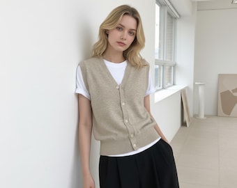 Knit Button Vest for Women – Sleeveless Sweater Vest, Layering Top, Korean Style Cardigan Vest, Minimalist Casual Outfit, Neutral Colors