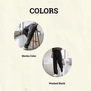Peut inclure: Image pr&eacute;sentant deux pantalons de couleurs diff&eacute;rentes. L'image du haut montre un pantalon couleur moka, tandis que l'image du bas pr&eacute;sente un pantalon noir d&eacute;lav&eacute;. Le mot "COLORS" est &eacute;crit en lettres noires grasses en haut.
