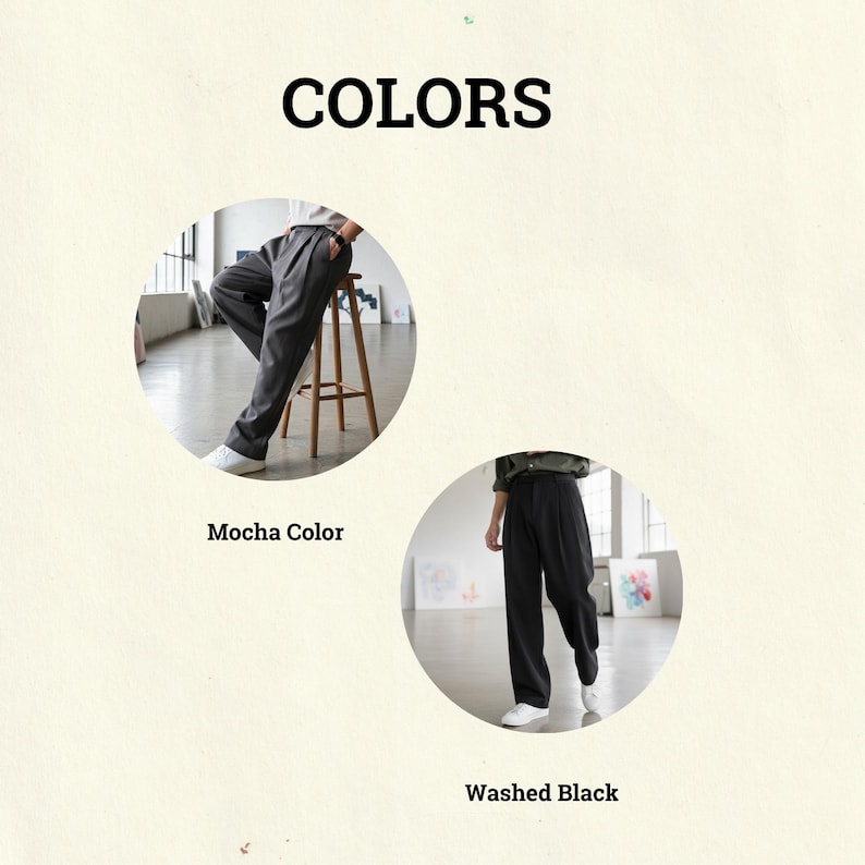 Peut inclure: Image pr&eacute;sentant deux pantalons de couleurs diff&eacute;rentes. L'image du haut montre un pantalon couleur moka, tandis que l'image du bas pr&eacute;sente un pantalon noir d&eacute;lav&eacute;. Le mot "COLORS" est &eacute;crit en lettres noires grasses en haut.