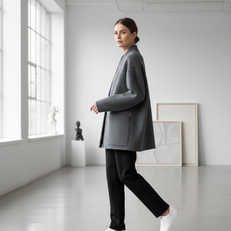 May include: A woman wearing a gray, oversized blazer with two front pockets, paired with black pants and white sneakers. The blazer has a relaxed fit and a minimalist design. The setting is a bright, modern space.