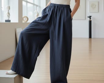 Wide Leg Linen Blend Pants for Women – Elastic Waist Tencel Trousers, Summer Lounge Pants, Casual Loose Fit, White Pink Navy