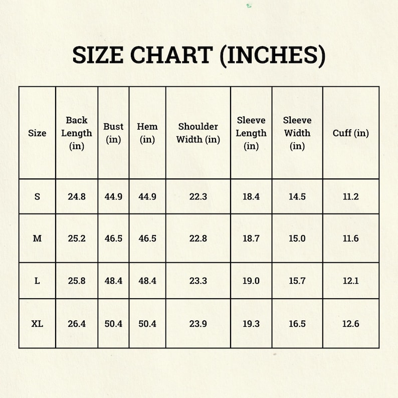 May include: A size chart in inches, with measurements for back length, bust, hem, shoulder width, sleeve length, sleeve width, and cuff. Sizes range from S to XL, with corresponding measurements in inches for each size.