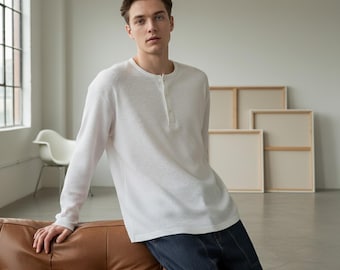 Men’s Waffle Knit Henley Shirt – Casual Long Sleeve Pullover Top, Soft Textured Thermal Tee, Minimalist Style, Fall Fashion