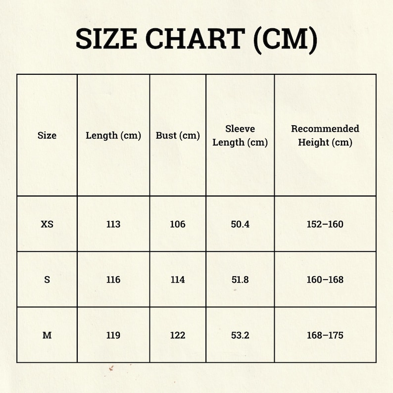 May include: A size chart in a grid format, with the text "SIZE CHART (CM)" at the top. The chart includes sizes XS, S, and M, with corresponding measurements for length, bust, sleeve length, and recommended height in centimeters.