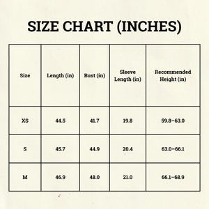 May include: A size chart in a grid format, with the title "SIZE CHART (INCHES)". The chart includes sizes XS, S, and M, with corresponding measurements for length, bust, sleeve length, and recommended height in inches.