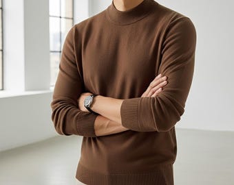 Men’s Classic Mock Neck Knit Sweater – Soft Lightweight Pullover, Minimalist Fall Winter Top, Casual Long Sleeve Knitwear, Gift for Him