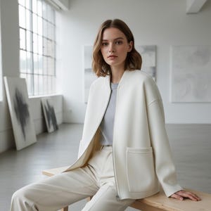 Woman wearing minimalist white wool zip jacket in modern studio, soft neutral fashion style.