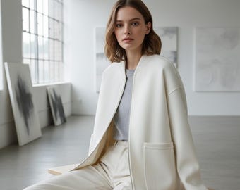 Wool Zip Jacket for Women – Minimalist Wool Coat, Commuter Style Bomber, Winter Wool Cardigan, Soft Casual Outerwear