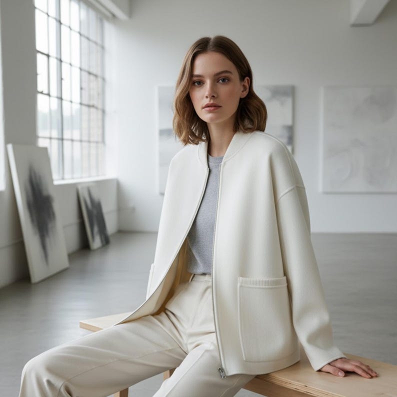 Woman wearing minimalist white wool zip jacket in modern studio, soft neutral fashion style.