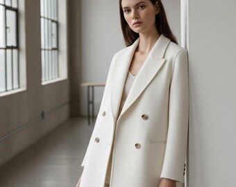 Woll-Blazermantel - Zweireihige Anzugjacke, eleganter Wollmantel, minimalistische Winteroberbekleidung, Bürokleidung, Pendler-Stil