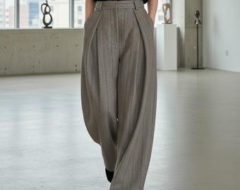 Women’s Oversized Wool Pants – High Rise Wide Leg Trousers, Vintage Pleated Slacks, Winter Workwear, Korean Chic Minimalist Style
