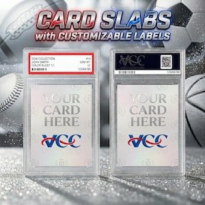 May include: Two rectangular clear plastic card slabs with customizable labels. The left slab has a red-bordered label with text including 2026 COLLECTION and JOHN SMITH. The right slab has a black-bordered label with the VCC logo and a QR code.