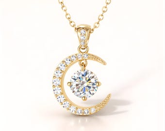Collar con colgante de luna de moissanita, plata de ley 925, chapado en oro, joyería minimalista celestial delicada.
