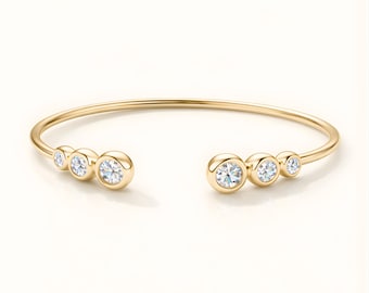 Moissanite Open Cuff Bracelet, 925 Sterling Silver, Gold Plated Bangle (Custom Engraved Box)