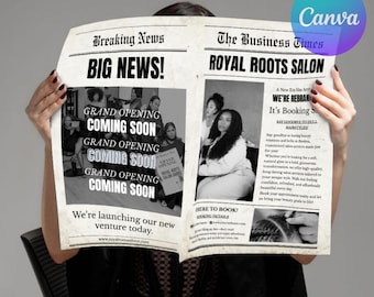 ビジネス新聞テンプレート、編集可能な大型グランドオープンエステティシャン新聞、Canvaヘアビジネス新聞、カスタム新聞
