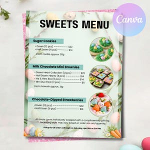 May include: A pastel-themed sweets menu featuring sugar cookies, milk chocolate mini brownies, and chocolate-dipped strawberries. The menu includes the text "SWEETS MENU" and details about each treat. The image has a Canva logo in the upper right corner.