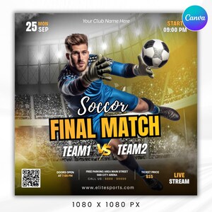 Modello di volantino per evento calcistico, volantino per partite finali, volantino per il giorno della partita finale, volantino per partita di calcio, volantino sportivo, volantino per il giorno della partita, modificabile con Canva