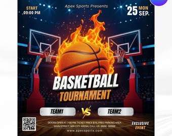 May include: Animated flyer for a basketball tournament. The image features a basketball engulfed in flames, with the words "BASKETBALL TOURNAMENT" in large letters. The flyer includes the date, time, and team information, with a dark background and basketball court imagery.
