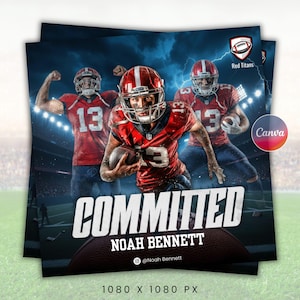 May include: A digital graphic featuring three football players in red uniforms, with the text "COMMITTED" and the name "NOAH BENNETT." The Red Titans logo is visible. The background shows a stadium with lightning.