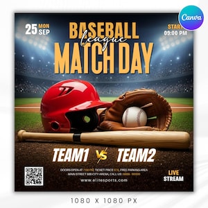 Op de afbeelding: Promotieafbeelding voor een Baseball League Match Day. Toont een rode helm, een bruine honkbalhandschoen met een witte honkbal en een houten knuppel. De tekst bevat "BASEBALL LEAGUE MATCH DAY", "TEAM1 vs TEAM2" en evenementdetails.