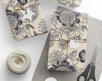 Papel de regalo floral vintage, papel de regalo con motivos botánicos, papel de regalo para fiestas y cumpleaños, diseño forestcore caprichoso, embalaje de regalo elegante.