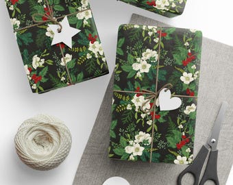 Papel de regalo navideño, papel de regalo botánico vintage, papel festivo con estampado floral, diseño festivo invernal, papel de regalo ecológico para Navidad.