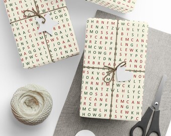 Papel de regalo con crucigramas navideños, papel de regalo festivo, diseño rústico de rompecabezas, envoltorio ecológico y sostenible.