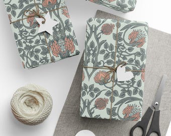 Papel de regalo William Morris, papel de regalo estilo cottagecore, toile verde, diseño botánico, papel de regalo para fiestas y cumpleaños, acabado mate o brillante.