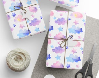 Rollos de papel de regalo con diseño de nubes y estrellas, papel de regalo celestial para cumpleaños y festividades, papel ecológico y caprichoso, papel de regalo para celebraciones infantiles.