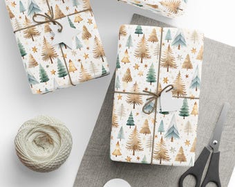 Papel de regalo navideño rústico, papel de regalo con diseño de bosque invernal, papel de regalo navideño con pinos y abetos, papel de regalo festivo ecológico.