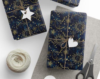 Papel de regalo celestial con diseño de sol y luna, papel de arte ecológico con un diseño bohemio caprichoso para cumpleaños y festividades.